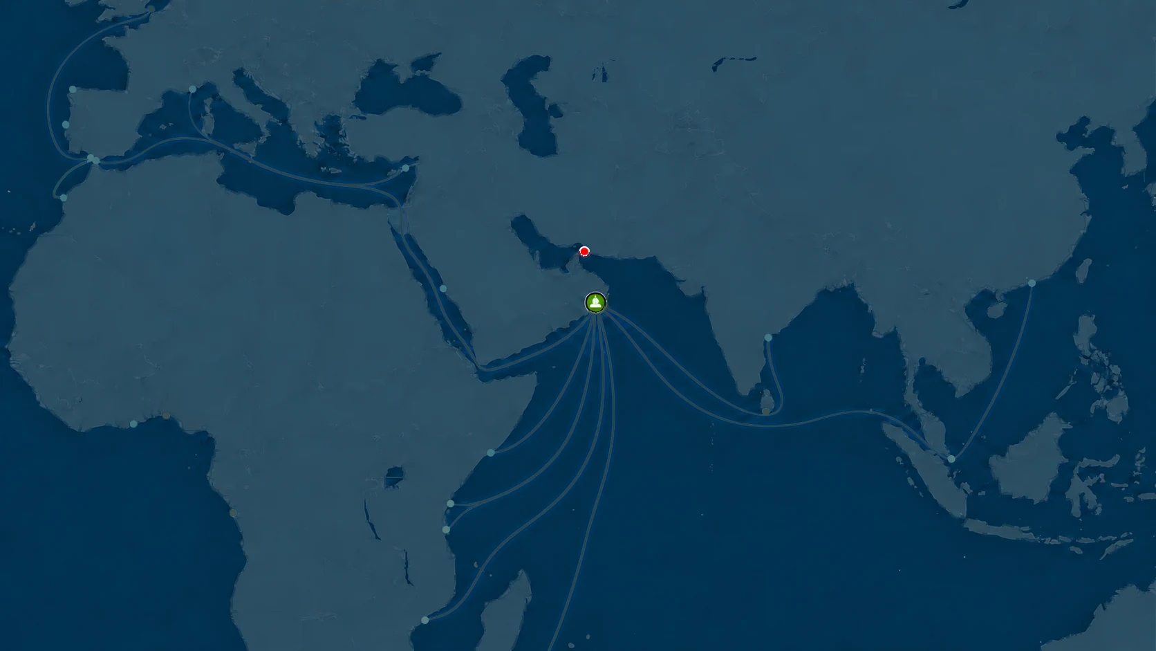 Map of trade routes from Duqm: to East and Southern Africa, south into the Indian Ocean, to Sri Lanka and India, through the Malacca Strait to Singapore and Hong Kong, and through the Red Sea and Suez Canal to the Mediterranean, Morocco and Atlantic Europe.