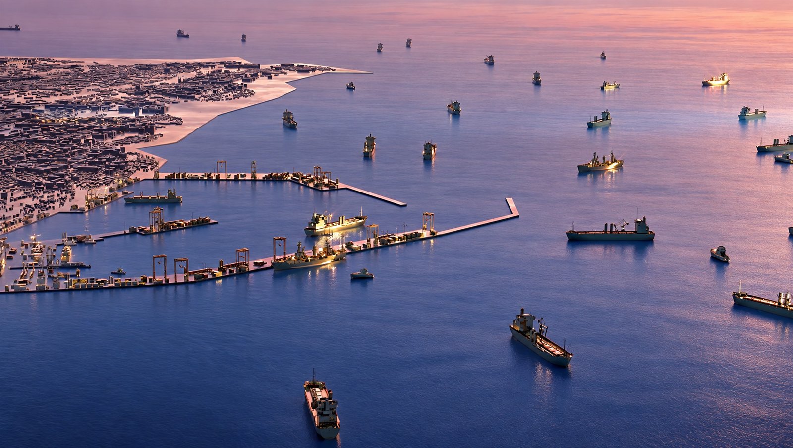Aerial view of a port and breakwater at dusk, with vessels at berth and at anchor